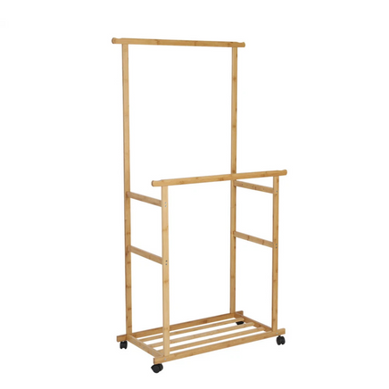 Portable Rolling Bamboo Clothes Rack for Kids with Hanging Rail