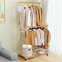 Portable Rolling Bamboo Clothes Rack for Kids with Hanging Rail