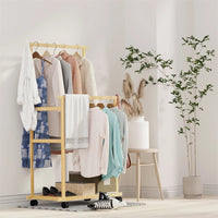 Portable Rolling Bamboo Clothes Rack for Kids with Hanging Rail