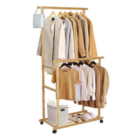 Portable Rolling Bamboo Clothes Rack for Kids with Hanging Rail