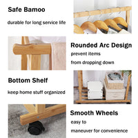 Portable Rolling Bamboo Clothes Rack for Kids with Hanging Rail