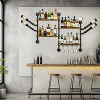 Industrial Pipe Bar Wall Liquor Shelf Floating Shelves with Wine Glass Holder