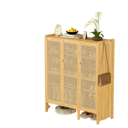 Modern Bamboo Shoe Rack Storage Cabinet with 3 Woven Rattan Doors, 5-Tier Shoe Organizer Shelf Cupboard for Entryway, Hallway, Bedroom - Natural Wood
