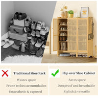 Modern Bamboo Shoe Rack Storage Cabinet with 3 Woven Rattan Doors, 5-Tier Shoe Organizer Shelf Cupboard for Entryway, Hallway, Bedroom - Natural Wood