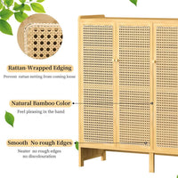 Modern Bamboo Shoe Rack Storage Cabinet with 3 Woven Rattan Doors, 5-Tier Shoe Organizer Shelf Cupboard for Entryway, Hallway, Bedroom - Natural Wood