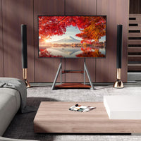 2 Tiers Rustic Wood Shelves Heavy Duty Universal Tv Floor Stand For 32-75 Inches