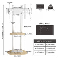 40-75 Inches Heavy Duty Mobile TV Floor Stand with Wooden Shelf, Height Adjustable Rolling TV Mount for Flat Screen, Free-Standing Steel TV Bracket with Wheels