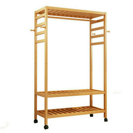 169cm Mildrew-proof Bamboo Clothes Shelves Stand On Wheels Coat Shoes Bags Rack