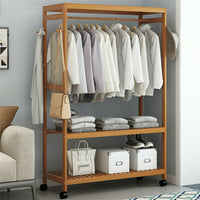 169cm Mildrew-proof Bamboo Clothes Shelves Stand On Wheels Coat Shoes Bags Rack