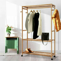 169cm Mildrew-proof Bamboo Clothes Shelves Stand On Wheels Coat Shoes Bags Rack