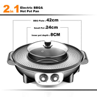 Electric 2 In 1 Non-Stick BBQ Plate Hot Pot Pan For Party Shabu Grill Barbecue 42cm