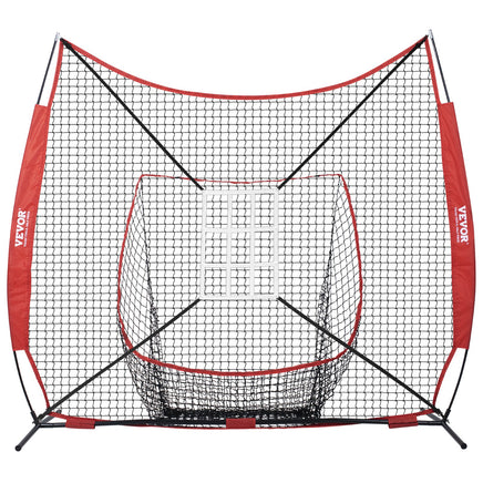 VEVOR 7x7 ft Baseball Softball Practice Net, Portable Baseball Training Net for Hitting Catching Pitching, Backstop Equipment with Bow Frame, Carry Bag, Strike Zone, 12 Balls, Tee, and Ball Collector