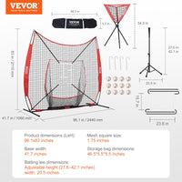 VEVOR 7x7 ft Baseball Softball Practice Net, Portable Baseball Training Net for Hitting Catching Pitching, Backstop Equipment with Bow Frame, Carry Bag, Strike Zone, 12 Balls, Tee, and Ball Collector