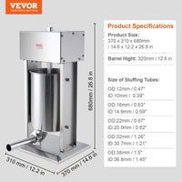 Electric Sausage Stuffer, 12 L / 25 LBS Vertical Meat Stuffer, 200W Motor, Stepless Speed Control and Foot Pedal, Made of Food-grade 304 Stainless Steel, 5 Stuffing Tubes for Home, Commercial