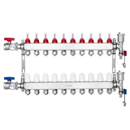 VEVOR 10-Branch Radiant Heat Manifold, 1/2" PEX Tubing Manifold, Stainless Steel PEX Manifold for Hydronic Radiant Floor Heating, Radiant Heat PEX Manifold Kit with 1/2" Adapters Included