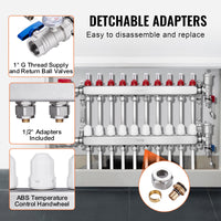 VEVOR 10-Branch Radiant Heat Manifold, 1/2" PEX Tubing Manifold, Stainless Steel PEX Manifold for Hydronic Radiant Floor Heating, Radiant Heat PEX Manifold Kit with 1/2" Adapters Included