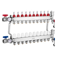 VEVOR 10-Branch Radiant Heat Manifold, 1/2" PEX Tubing Manifold, Stainless Steel PEX Manifold for Hydronic Radiant Floor Heating, Radiant Heat PEX Manifold Kit with 1/2" Adapters Included