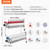 VEVOR 12-Branch Radiant Heat Manifold, 1/2" PEX Tubing Manifold, Stainless Steel PEX Manifold for Hydronic Radiant Floor Heating, Radiant Heat PEX Manifold Kit with 1/2" Adapters Included