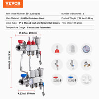 VEVOR 2-Branch Radiant Heat Manifold, 1/2" PEX Tubing Manifold, Stainless Steel PEX Manifold for Hydronic Radiant Floor Heating, Radiant Heat PEX Manifold Kit with 1/2" Adapters Included