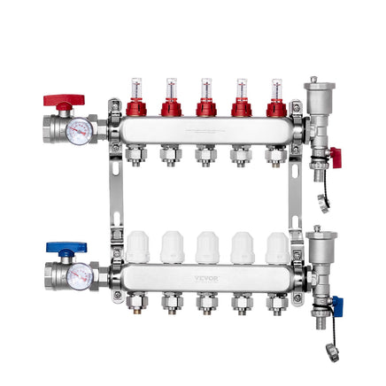 VEVOR 5-Branch Radiant Heat Manifold, 1/2" PEX Tubing Manifold, Stainless Steel PEX Manifold for Hydronic Radiant Floor Heating, Radiant Heat PEX Manifold Kit with 1/2" Adapters Included