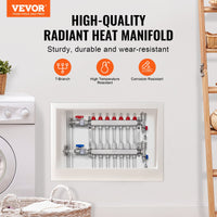 VEVOR 7-Branch Radiant Heat Manifold, 1/2" PEX Tubing Manifold, Stainless Steel PEX Manifold for Hydronic Radiant Floor Heating, Radiant Heat PEX Manifold Kit with 1/2" Adapters Included
