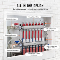 VEVOR 7-Branch Radiant Heat Manifold, 1/2" PEX Tubing Manifold, Stainless Steel PEX Manifold for Hydronic Radiant Floor Heating, Radiant Heat PEX Manifold Kit with 1/2" Adapters Included