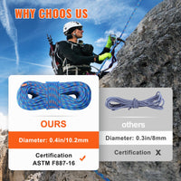 VEVOR 10.2mm Dynamic Climbing Rope, 50M(164ft) Outdoor Rock Climbing Rope 25KN Breaking Tension, Stretchable Fiber Rope with Steel Snap Hooks for Escape, Rappelling, Fire Rescue, Blue