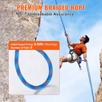 VEVOR 10.2mm Dynamic Climbing Rope, 70M(230ft) Outdoor Rock Climbing Rope 25KN Breaking Tension, Stretchable Fiber Rope with Steel Snap Hooks for Escape, Rappelling, Fire Rescue, Blue