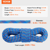 VEVOR 10.2mm Dynamic Climbing Rope, 70M(230ft) Outdoor Rock Climbing Rope 25KN Breaking Tension, Stretchable Fiber Rope with Steel Snap Hooks for Escape, Rappelling, Fire Rescue, Blue