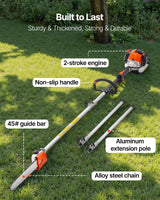 VEVOR Gas Pole Saw, 25CC 2 Stroke Gas Powered Pole Saws with 30.5 cm Cutting Bar, Cordless Tree Trimmer with 650ml Fuel Tank, 2.12 to 3.62 m Extendable, Powerful Chainsaw for Tree Trimming Pruning