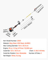 VEVOR Gas Pole Saw, 25CC 2 Stroke Gas Powered Pole Saws with 30.5 cm Cutting Bar, Cordless Tree Trimmer with 650ml Fuel Tank, 2.12 to 3.62 m Extendable, Powerful Chainsaw for Tree Trimming Pruning