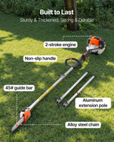 VEVOR Gas Pole Saw, 33CC 2 Stroke Gas Powered Pole Saws with 20.3 cm Cutting Bar, Cordless Tree Trimmer with 850ml Fuel Tank, 2 to 3.5 m  Extendable, Powerful Chainsaw for Tree Trimming Pruning