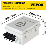 VEVOR PV Combiner Box, 4 String with 15A Rated Current Fuse, 63A Circuit Breaker, Lightning Arreste Connector for On/Off Grid Solar Panel System, IP65