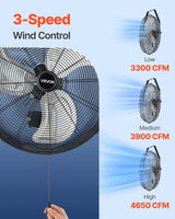 VEVOR 615mm Industrial Wall Mount Fan 3 Speed 4650 CFM for Garage Greenhouse