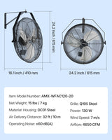 VEVOR 615mm Industrial Wall Mount Fan 3 Speed 4650 CFM for Garage Greenhouse