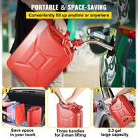 VEVOR Jerry Fuel Can, 20 L Portable Jerry Gas Can with Flexible Spout System, Rustproof ＆ Heat-resistant Steel Fuel Tank for Cars Trucks Equipment, 2PCS Red