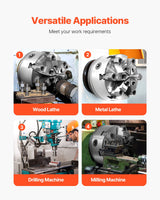 VEVOR 6-Jaw Lathe Chuck, 6 Inch (160 mm), Self-Centering Chuck with D1-4 Cam Lock Backing Plate, 0.12-5.71 in (3-145 mm) Clamping Range with T-wrench Screws, HT300 Material, for Wood Metal Lathe