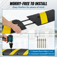 VEVOR 6 ft Rubber Speed Hump, 2 Channel, 10000 kg/axle Load Capacity Heavy Duty Traffic Speed Bump, with High Reflective Yellow Strip 4 Expansion Screws and 1 Drill, for Asphalt Concrete Gravel Roads