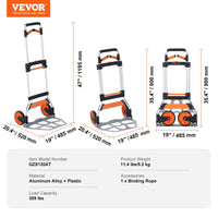 VEVOR Folding Hand Truck, 140 kg Load Capacity, Aluminum Portable Cart, Convertible Hand Truck and Dolly with Telescoping Handle and PP+TPR Wheels, Ultra Lightweight Super Strong for Moving Warehouse