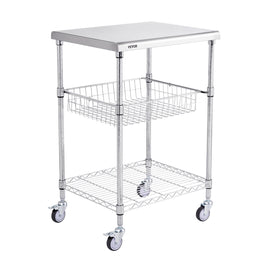 VEVOR Kitchen Utility Cart, 3 Tiers, Wire Rolling Cart with 213kg Capacity, Steel Service Cart on Wheels, Metal Storage Trolley with 76mm Basket Curved Handle PP Liner 6 Hooks, for Indoor and Outdoor