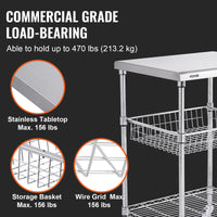 VEVOR Kitchen Utility Cart, 3 Tiers, Wire Rolling Cart with 213kg Capacity, Steel Service Cart on Wheels, Metal Storage Trolley with 76mm Basket Curved Handle PP Liner 6 Hooks, for Indoor and Outdoor