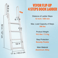 VEVOR Dock Ladder Flip Up 4 Steps, 159 kg Load Capacity, Aluminum Pontoon Boat Ladder with 4" Wide Step & Nonslip Mat,Swimm Step Ladder for Ship/Lake/Pool/Marine Boarding