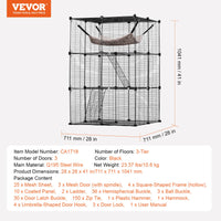 VEVOR Large 3-tier Cat Cage, 28 x 28 x 41", DIY Detachable Metal Wire Durable Cat Enclosure, with Large Hammock 2 Ramp Ladders, Fit for Cats Exercise Indoor ＆ Outdoor, Ease of Assembly, Black