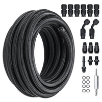 VEVOR 6AN Fuel Line Kit, 7.62 m Fuel Hose Kit, Nylon Stainless Steel Braided PTFE Fuel Line Kit, E85/Oil/Gas/Diesel Hose End Fitting Kit, with 15 PCS Swivel Fitting Adapter Kit, Black