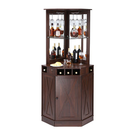 VEVOR Corner Industrial Bar Cabinet, Wine Table for Liquor & Glasses, Sideboard Buffet Cabinet with Glass Holder, Freestanding Farmhouse Wood Coffee Bar Cabinet for Living Room, Home Bar, Black Walnut
