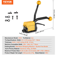 VEVOR Steel Strapping Tool for 13-19 mm Width, 3-in-1 (Tensioner, Crimper, Cutter) Manual Belt Packaging Banding Machine Packaging Metal Steel Strapping Banding Tool Machine for Stainless Steel Strap
