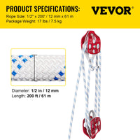 VEVOR Twin Sheave Block and Tackle 1.09-1.27cm 3048-6096cm Twin Sheave Block with Braid Rope 30-35KN 2994-3495KGS Double Pulley Rigging (1/2" x 200')