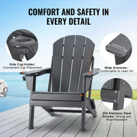 VEVOR Adirondack Chair Plastic, Set of 2 All-Weather Portable Folding Fire Pit Chair, Outdoor Adirondack Patio Chair with Cup Holder, with Relaxing Arm Rest Ergonomic, for Garden, Backyard - Gray