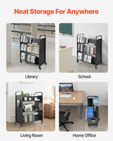 VEVOR Rolling Library Book Cart, 150 kg Capacity, 97 x 51.5 x 122.5 cm Library Cart, Double Sided W-Shaped Shelves with 76.2 mm Lockable Wheels, Book Truck for Home Shelves Office and School, Black
