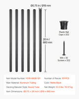 VEVOR Staircase Balusters 101 Pack, 660 mm Aluminum Stair Balusters, 19 mm Water-Proof Round Metal Spindle Railing, Hollow Deck Railing with Rail Caps & Screws for Stairs, Porch, Patio, Matte Black